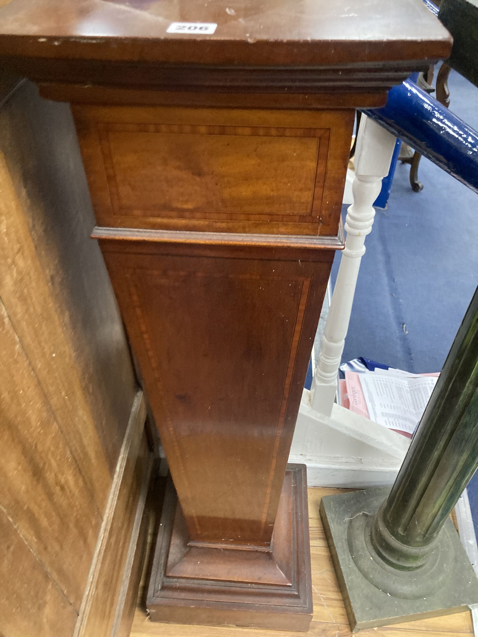 An Edwardian satinwood banded mahogany pedestal, height 112cm